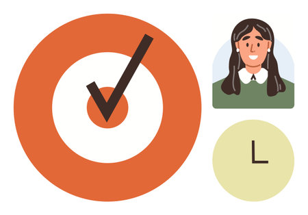 Orange target with tick, woman s portrait in green shirt, and letter L in yellow circle. Ideal for completion, success, evaluation, goals, identity approval communication. Simple flat metaphorのイラスト素材