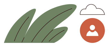 Green abstract leaves, simple cloud outline, and orange circular user icon combine nature with human interaction. Ideal for environment, ecology, innovation, connectivity, mindfulness, simplicityのイラスト素材