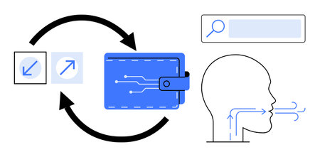 Digital wallet with circuit design, directional icons, flowing arrows, search bar, and human head symbol. Ideal for finance, technology, UXUI, innovation communication ecommerce simple landingのイラスト素材