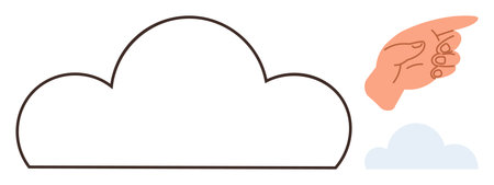 Outlined cloud shape with a pointing hand above a smaller cloud. Ideal for decision-making, cloud technology, guidance, choice, innovation, accessibility, teamwork. Simple flat metaphorのイラスト素材