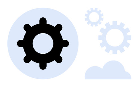 Black gear in focus with smaller gears and cloud shapes in soft pastel hues. Ideal for technology, innovation, engineering, productivity, strategy, cloud computing, digital solutions. Simple flatのイラスト素材