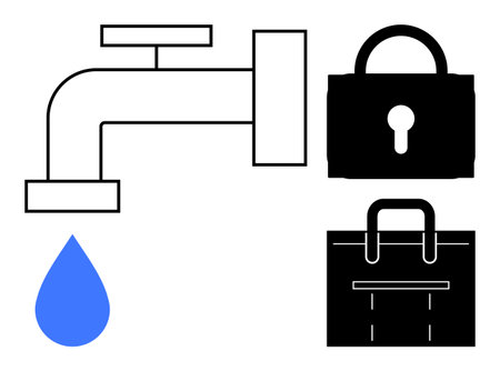 Water faucet releasing a single drop, lock indicating security, and briefcase symbolizing storage. Ideal for themes of conservation, control, protection, privacy, sustainability, safety and resourceのイラスト素材