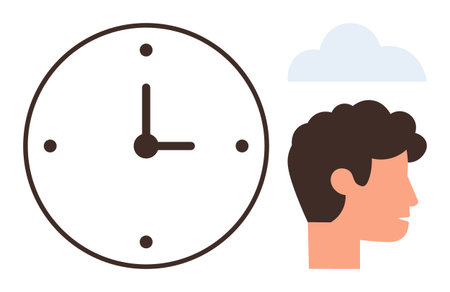Clock indicating time, human profile symbolizing thought or planning, and cloud depicting ideas or creativity. Ideal for planning, time management, brainstorming, focus, productivity, mindfulnessのイラスト素材