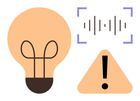 Light bulb symbolizing idea, soundwave indicating communication, and warning sign for caution. Ideal for creativity, innovation, technology, communication, alertness, problem-solving brainstormingのイラスト素材