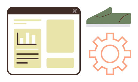 Analytics dashboard window with data, gear for settings, and shoe symbolizing e-commerce. Ideal for...