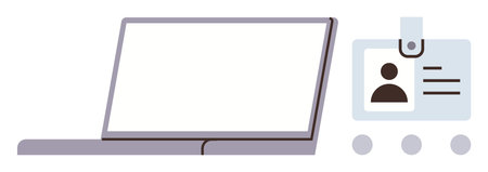Open laptop next to employee ID badge, symbolizing digital identity, work access, and professional tools. Ideal for workplace technology, security, remote work, identity verification, IT systems HRのイラスト素材