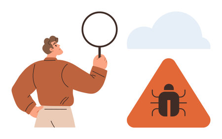 Man holding magnifying glass examining bug inside warning sign next to cloud shape. Ideal for cybersecurity, software testing, data analysis, problem-solving, technology issues, risk managementのイラスト素材