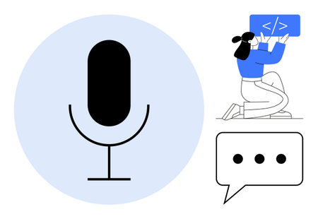 Microphone icon, person working on coding interface, and speech bubble. Ideal for podcasting, voice recognition, coding, tech innovation, communication tools, app design simple landing pageのイラスト素材
