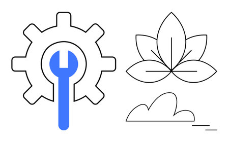 Gear with a wrench emphasizing repair amid a leaf and a cloud, blending industry and ecology. Ideal for sustainability, repair, eco-friendly projects, innovation, balance, green technology, simpleのイラスト素材