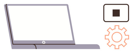 Open laptop, stop button, and gear symbolize technology, automation, productivity, control, and workflows. Ideal for tech management, digital tools operations remote work software and simple flatのイラスト素材