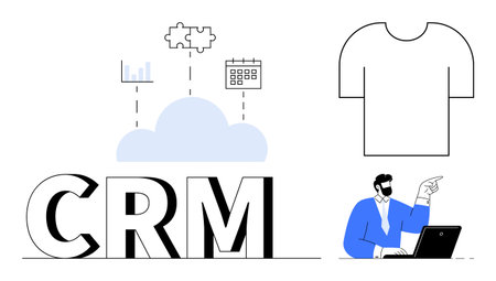CRM lettering with cloud, chart, puzzle, and calendar icons. Businessman at laptop pointing. Ideal for customer management, analytics, integration, workflow productivity strategy simple flatのイラスト素材