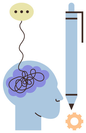 Human head with tangled lines in the brain reflecting thoughts, speech bubble, pen, and gear symbolizing problem-solving and creativity. Ideal for brainstorming, innovation, design thinking, mentalのイラスト素材