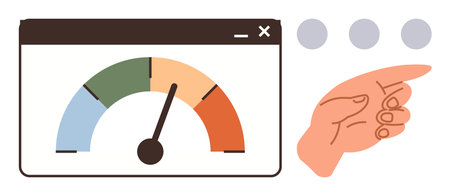 Hand reaching towards a browser interface with a colorful speedometer gauge. Ideal for data tracking, analysis, performance, monitoring, progress, evaluation, visual feedback. Simple flat metaphorのイラスト素材