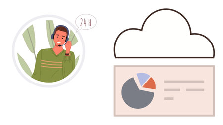 Smiling support agent with headset speaks beside a cloud data graphic showing analytics. Ideal for customer service, communication, cloud computing, data management, tech support, analyticsのイラスト素材