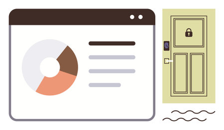 Pie chart in browser window next to locked door with keypad lock. Ideal for security, analytics, data protection, privacy, smart technology, digital access, simple flat metaphorのイラスト素材
