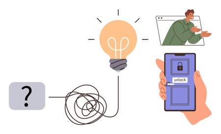 Light bulb glowing over tangled wire connecting question mark to a hand holding a smartphone with unlock screen. Person in video call. Ideal for innovation, brainstorming, problem-solvingのイラスト素材