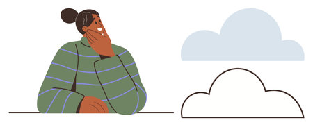 Person in contemplative pose beside cloud outline and filled-in cloud. Ideal for imagination, creativity, problem-solving, introspection, abstract thinking, innovation, and mindfulness. A simple flatのイラスト素材