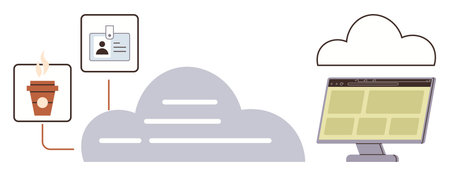 Cloud graphic connecting a coffee cup, ID card, and computer screen. Ideal for technology, remote work, networking, productivity, data storage collaboration professional workflows. Simple flatのイラスト素材