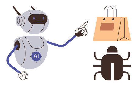 AI robot with a shopping bag and a bug icon, showcasing automation, AI error detection, e-commerce, technology integration, data-driven tasks, problem-solving, and innovation as a simple flatのイラスト素材