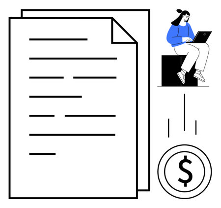 Large documents, person seated using a laptop, currency coin symbolizing financial exchange, data management, and productivity. Ideal for technology, banking, documentation, workflow remote workのイラスト素材