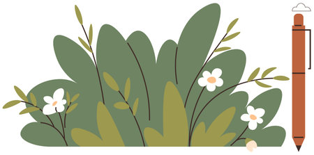 Dense green foliage with small white flowers complemented by an orange pen on the side. Ideal for writing, creativity, nature, growth, sustainability, content creation, simple flat metaphorのイラスト素材