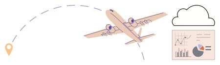 Airplane following a dashed flight path, cloud, and data analytics board with charts. Ideal for travel, logistics, aviation, analytics, business planning forecasting global connectivity. Simpleのイラスト素材
