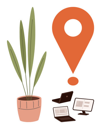 Potted plant, large orange location pin, laptop, and desktop screen. Ideal for remote work, digital connectivity, online meetings, location tracking, eco-friendly offices navigation simple flatのイラスト素材