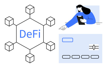 Network structure with hexagonal blockchain nodes, user holding clipboard, digital payment card. Ideal for blockchain, fintech, finance, cryptocurrency, transactions, banking simple landingのイラスト素材