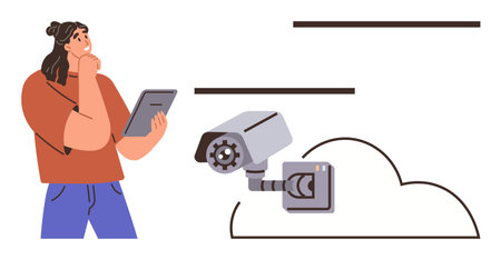 Thoughtful woman holding tablet, examining cloud-based surveillance system. Ideal for security, cloud technology, data analysis, surveillance, modern tech, connectivity privacy themes. Simple flatのイラスト素材