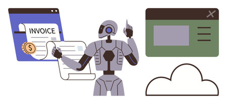 Robot processing financial invoices, cloud server icon, and interface elements. Ideal for automation, AI, fintech, data management, cloud computing, tech innovation simple flat metaphorのイラスト素材