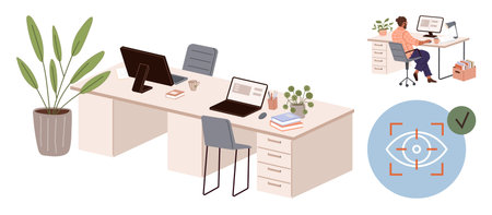 Office desks, laptops, chairs, houseplants, and employee working on computer focus icon. Ideal for business, productivity, workplace setup, technology remote work ergonomics focus analyticsのイラスト素材
