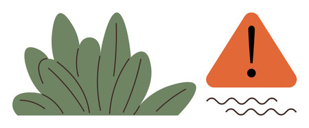 Green bush and orange triangle with exclamation mark and wavy water lines highlight nature risk. Ideal for safety, caution, warnings, environmental hazard, disaster alert, nature awareness, simpleのイラスト素材