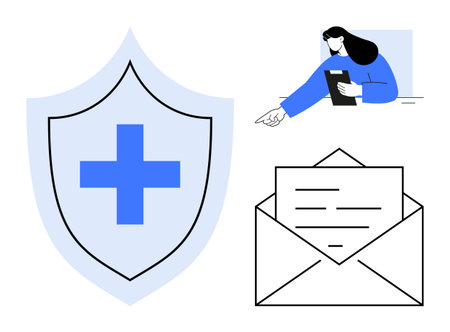 Shield with health cross symbolizes protection, open envelope represents communication, and professional consulting via digital tablet highlights accessibility. Ideal for healthcare, insuranceのイラスト素材