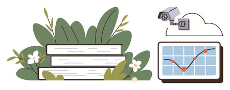 Three books surrounded by leaves and small flowers, graph on tablet with upward trend, and cloud-linked security camera. Ideal for education, nature, technology, security, analytics, growthのイラスト素材