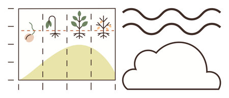 Graph demonstrating seed-to-plant growth phases with a slope, cloud outline, and atmospheric waves. Ideal for agriculture, biology, climate change, environment, education, data visualizationのイラスト素材