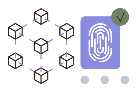 Linked nodes forming a blockchain system next to a biometric fingerprint with verification tick. Ideal for technology, data security, blockchain, biometrics, authentication, innovation, digitalのイラスト素材