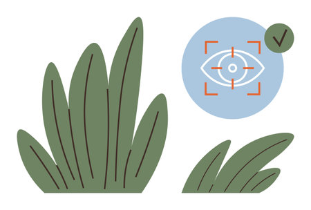 Green grass blades with focus on an eye scan and approval check mark symbol in a circular blue area. Ideal for ecology, environment, sustainability, recognition, security, biometrics, authenticityのイラスト素材
