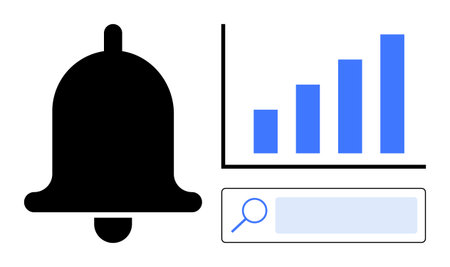 Black notification bell, a blue bar chart representing data growth, and a search bar with magnifier. Ideal for communication, analytics, data trends, workflow, search experience, notificationsのイラスト素材