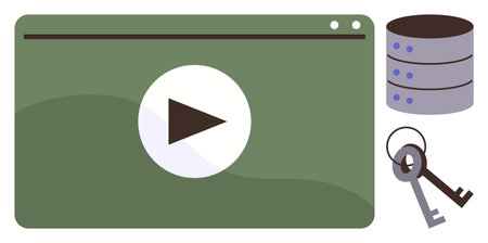 Play button on green media player window, database server stack, and security keys. Ideal for media storage, online streaming, data privacy, hosting, technology access, content security simple flatのイラスト素材