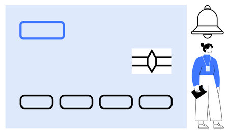 Blue credit card with a diamond emblem, four blank fields, notification bell, and a woman holding a document. Ideal for finance, security, e-commerce, payment, notification identity simple flatのイラスト素材
