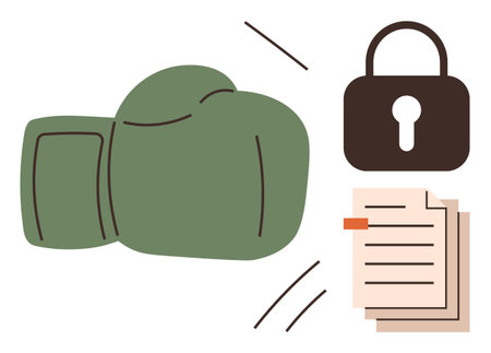 Green boxing glove hitting lock near document stack symbolizing cybersecurity, data privacy, and digital protection. Ideal for data security, privacy, policy, law enforcement, technology, and riskのイラスト素材