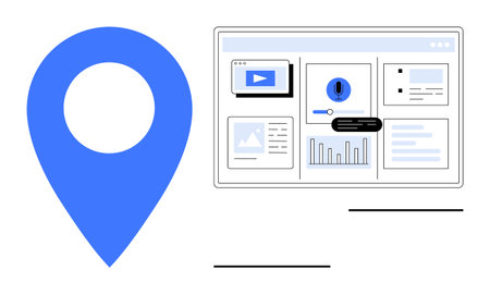 Blue location pin beside a digital dashboard with charts, notifications, video thumbnail, and layout elements. Ideal for analytics, navigation, geolocation, technology, data visualization userのイラスト素材