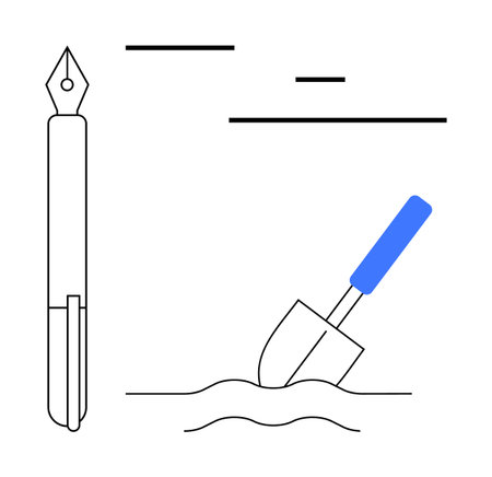 Pen and spade reflecting creativity and groundwork with fluid lines. Ideal for writing, innovation, growth, planning, education, teamwork, creativity. Perfect for a simple landing pageのイラスト素材