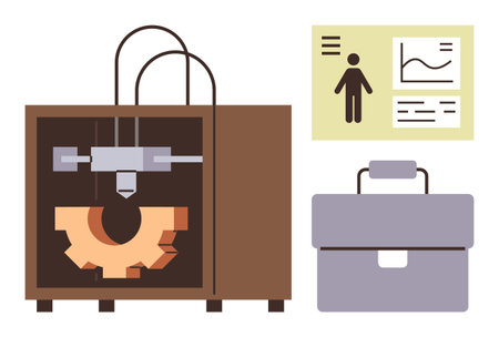 3D printer creating a gear model next to a business briefcase and an analytics chart with graphs....