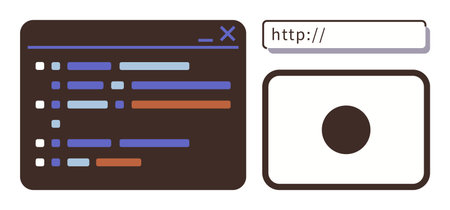 Open code editor with syntax lines, search bar with HTTP text, and media image placeholder. Ideal for programming, coding, design, development, tech concepts, web tools software simple flatのイラスト素材