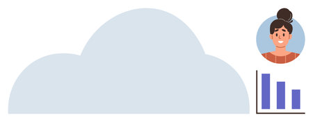 Cloud shape in pastel tones, user portrait icon, and bar chart suggesting data management, storage, and analysis. Ideal for technology, networking, analytics, security business growth appのイラスト素材