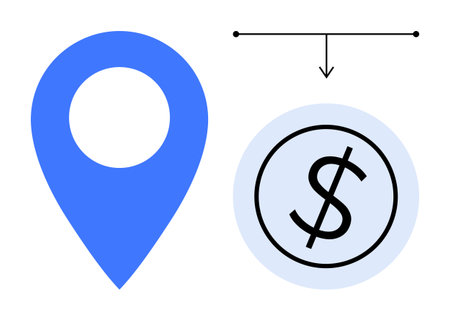 Blue location pin, dollar sign in a circle with downward arrow. Ideal for finance, business, payment, cost, location-based services, e-commerce savings. Simple flat metaphorのイラスト素材