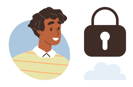 Smiling person portrait beside a large padlock above a cloud, symbolizing personal data security. Ideal for technology, cybersecurity, privacy, online safety, cloud storage, authentication trust. Aのイラスト素材