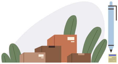 Stacked cardboard boxes surrounded by plants with a pen and calculator nearby. Ideal for logistics, shipping, e-commerce, office organization, financial planning, inventory managementのイラスト素材