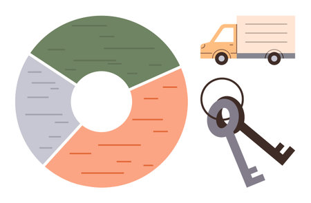 Segmented pie chart, van for transport, and pair of keys representing logistics, planning, security, delivery services, analysis, supply chain management, access and simple flat metaphorのイラスト素材